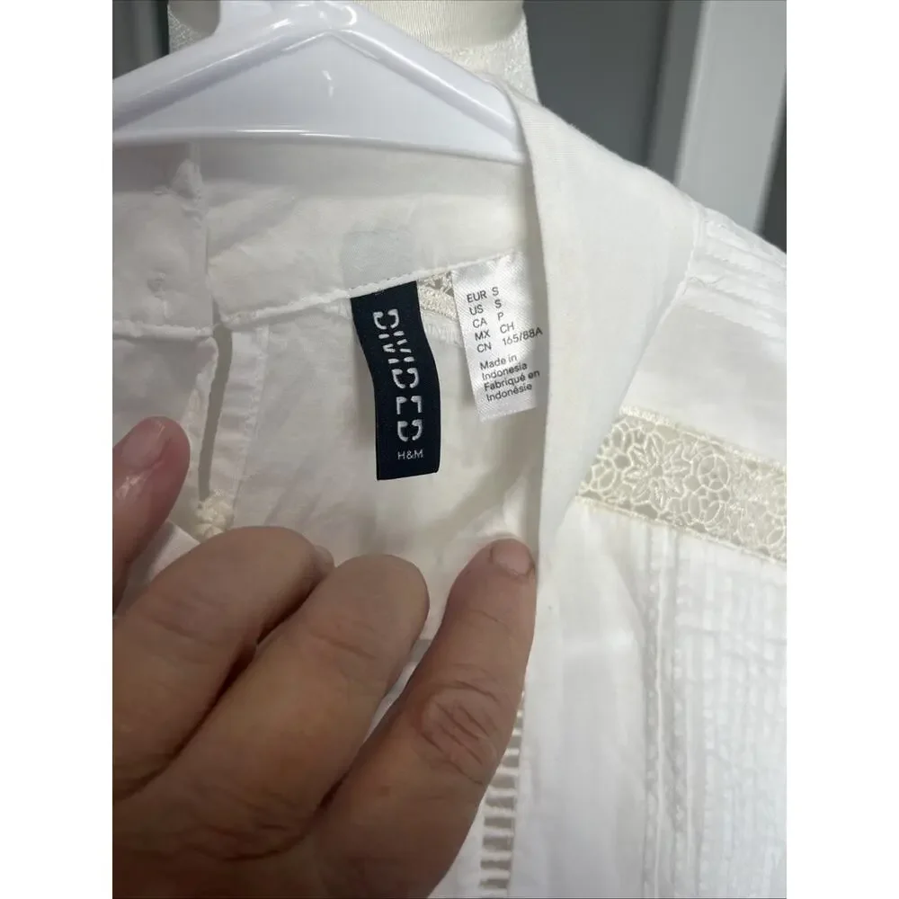 H&M Lace Inset Long Seller Cream Bliuse Boxy Crop 100% Cotton FLAW